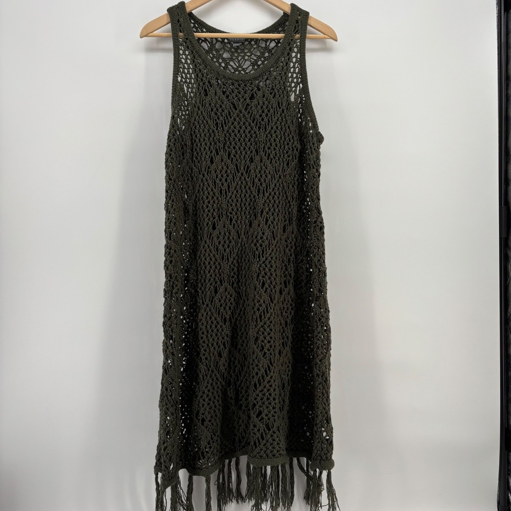 Torrid Crochet Fringe Cover Up Women‎ Size 2 Olive Green Sleeveless Open Knit